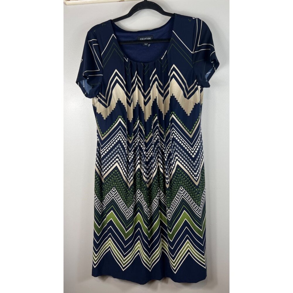 Perceptions Dress Pleated Scoop Neck Chevron Print Short Sleeve Shift Large